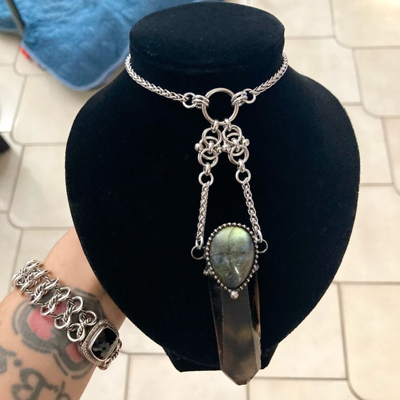 labradorite & Smokey crystal quartz maille stainless steel boho goth necklace - Picture 13 of 15